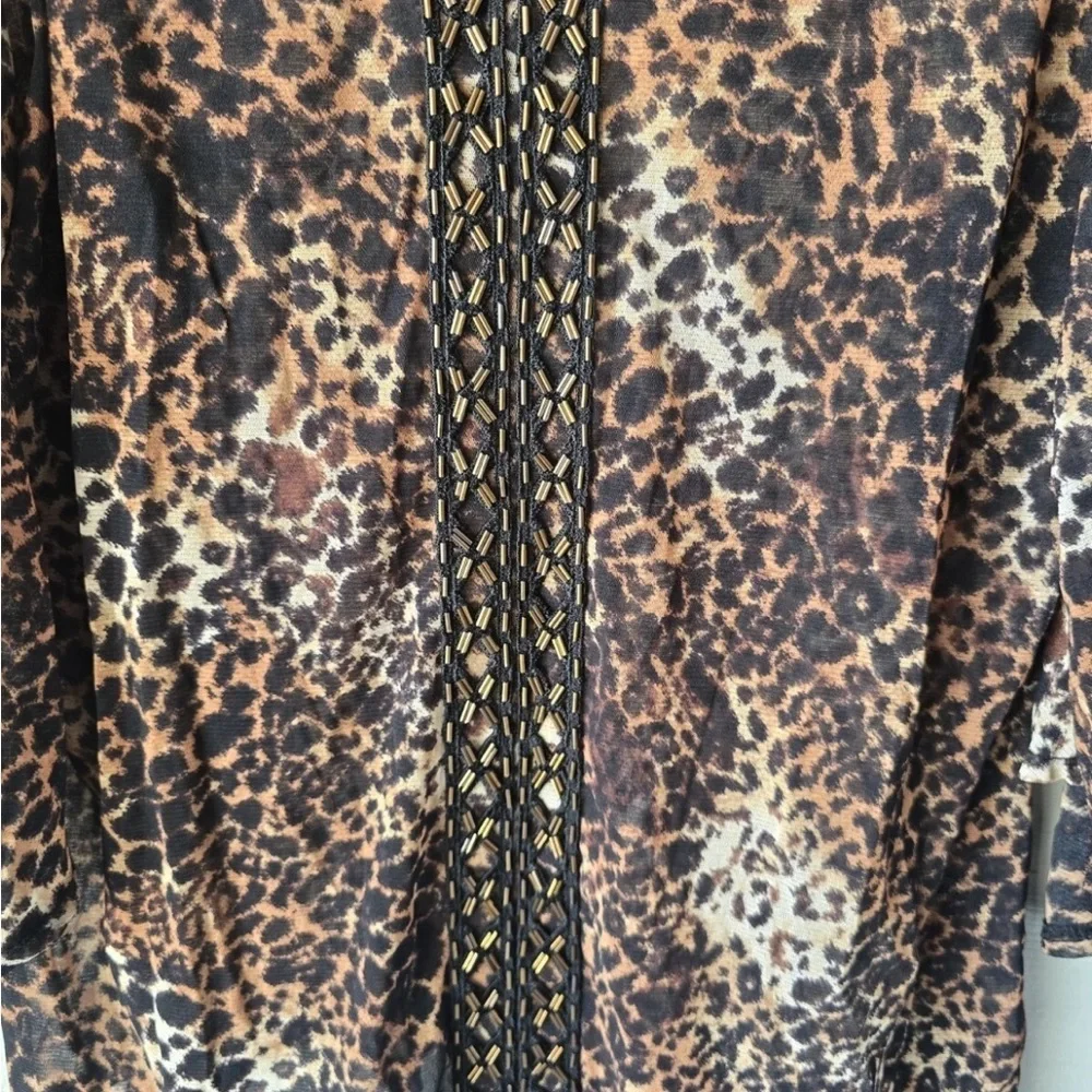 Alfani Women Blouse Size XL Animal Print Embroidery Flare 3/4 Sleeve Y2k Neutral